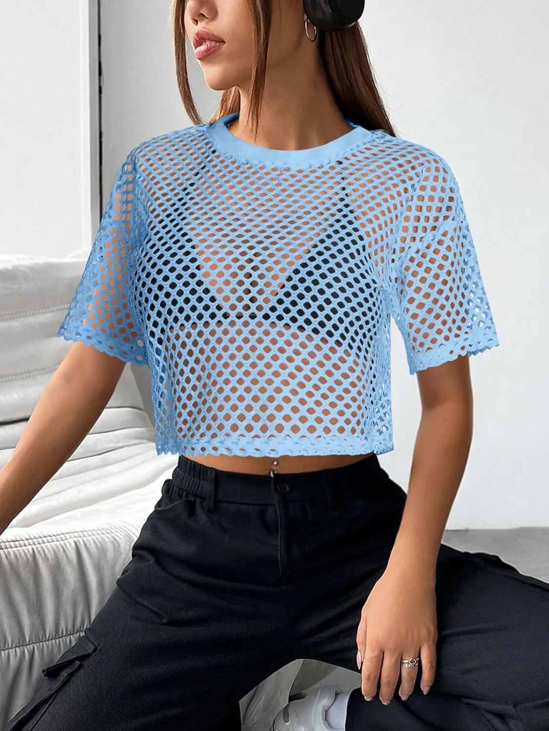 Women's Mesh Top Fishnet T Shirts Sheer Loose Short Sleeve See Through Crop Tops