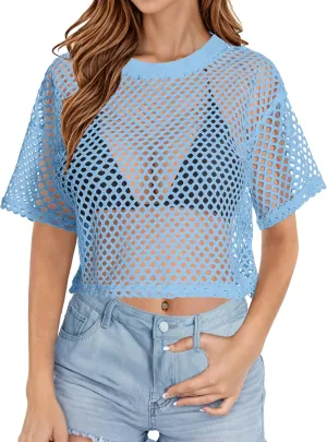 Women's Mesh Top Fishnet T Shirts Sheer Loose Short Sleeve See Through Crop Tops