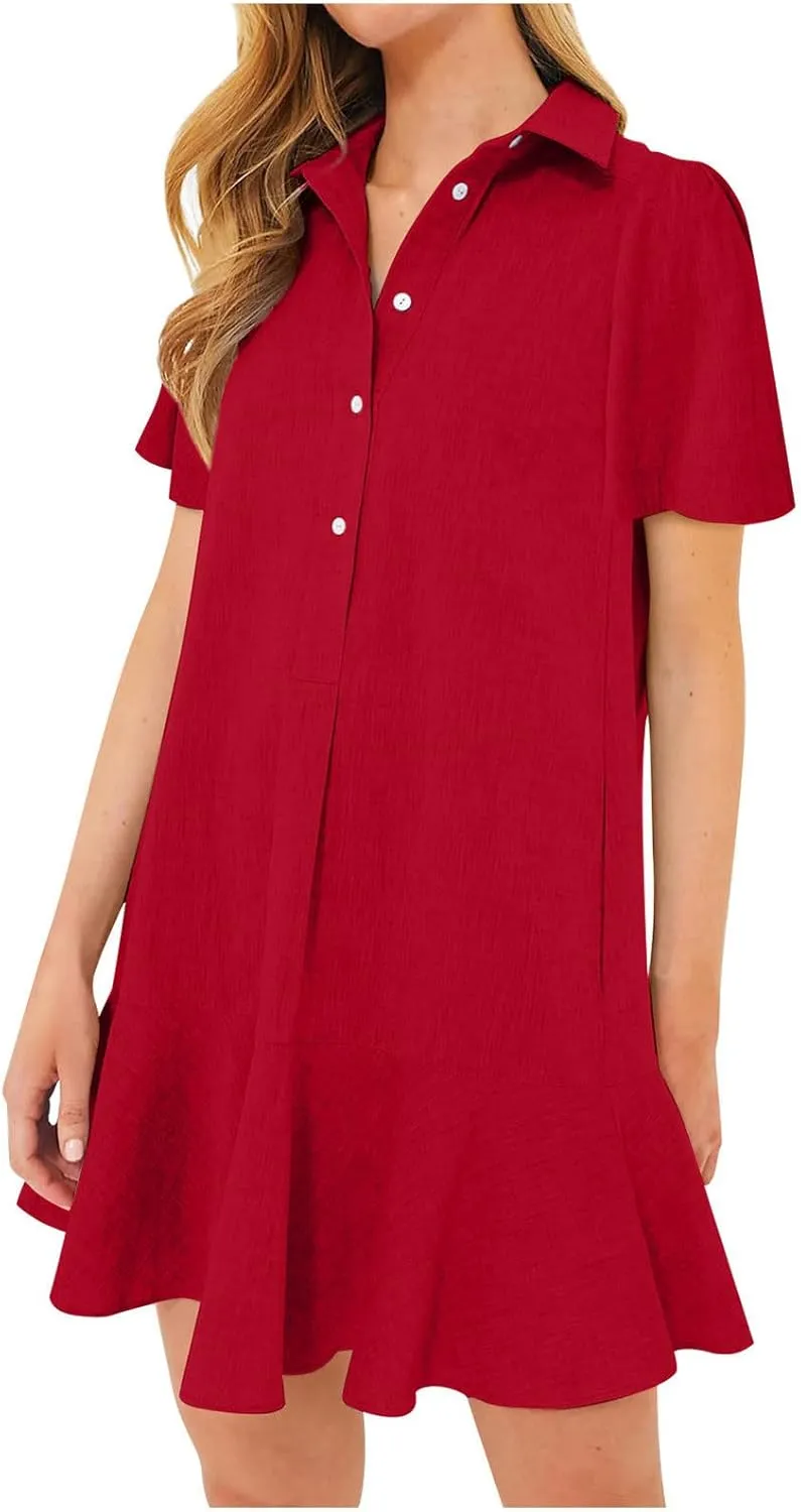 Womens Mini Dress Short Sleeve Button Neck T-Shirts Dress Solid Color Ruffle Hem Flowy Casual Trendy Summer Dress