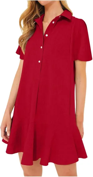 Womens Mini Dress Short Sleeve Button Neck T-Shirts Dress Solid Color Ruffle Hem Flowy Casual Trendy Summer Dress
