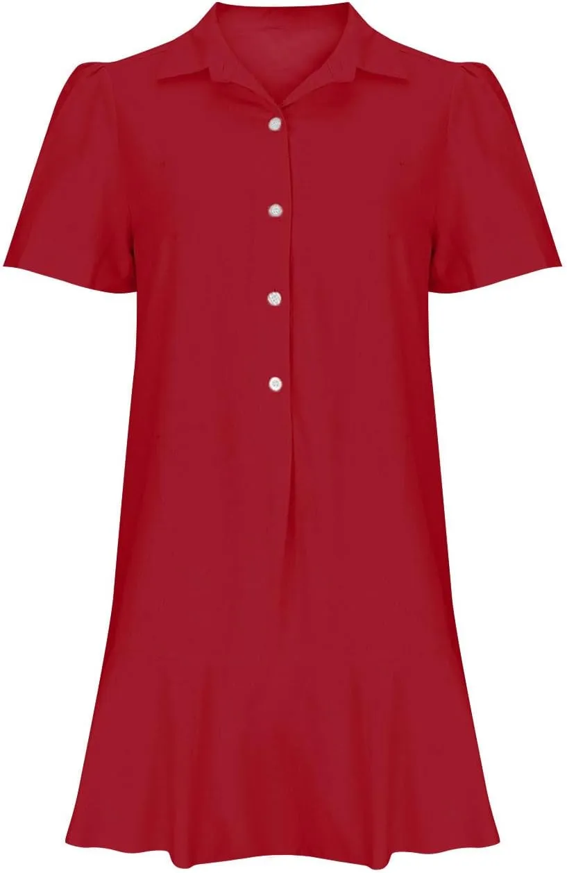 Womens Mini Dress Short Sleeve Button Neck T-Shirts Dress Solid Color Ruffle Hem Flowy Casual Trendy Summer Dress