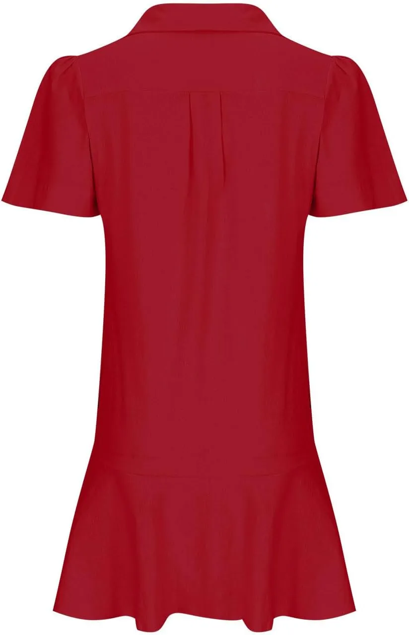 Womens Mini Dress Short Sleeve Button Neck T-Shirts Dress Solid Color Ruffle Hem Flowy Casual Trendy Summer Dress