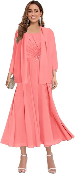 Women's Mother of The Bride Dresses with Jacket Tea Length Lace Pleated Chiffon Formal Wedding Guest Dress