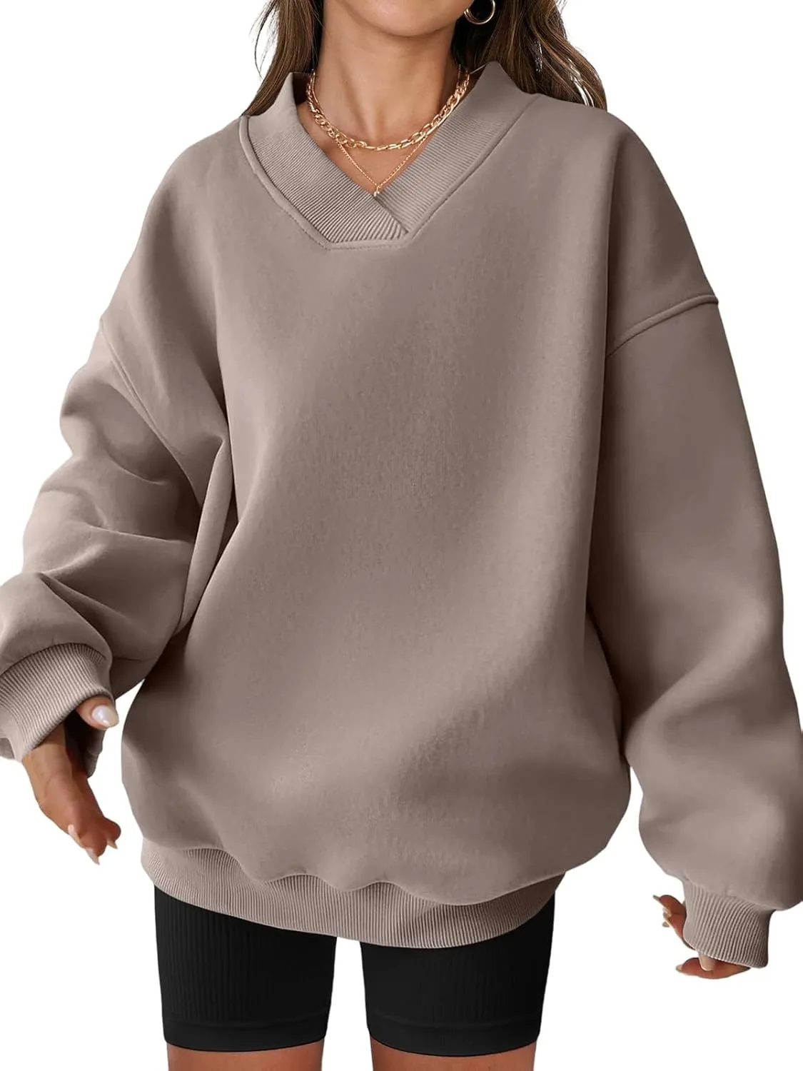Womens Oversized Sweatshirt Hoodies Casual V Neck Long Sleeve Shirts Fleece Pullover Tops Fall Teens Preppy Clothes