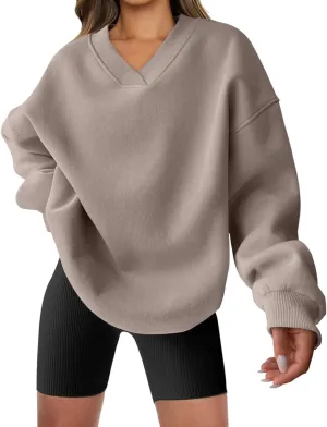 Womens Oversized Sweatshirt Hoodies Casual V Neck Long Sleeve Shirts Fleece Pullover Tops Fall Teens Preppy Clothes