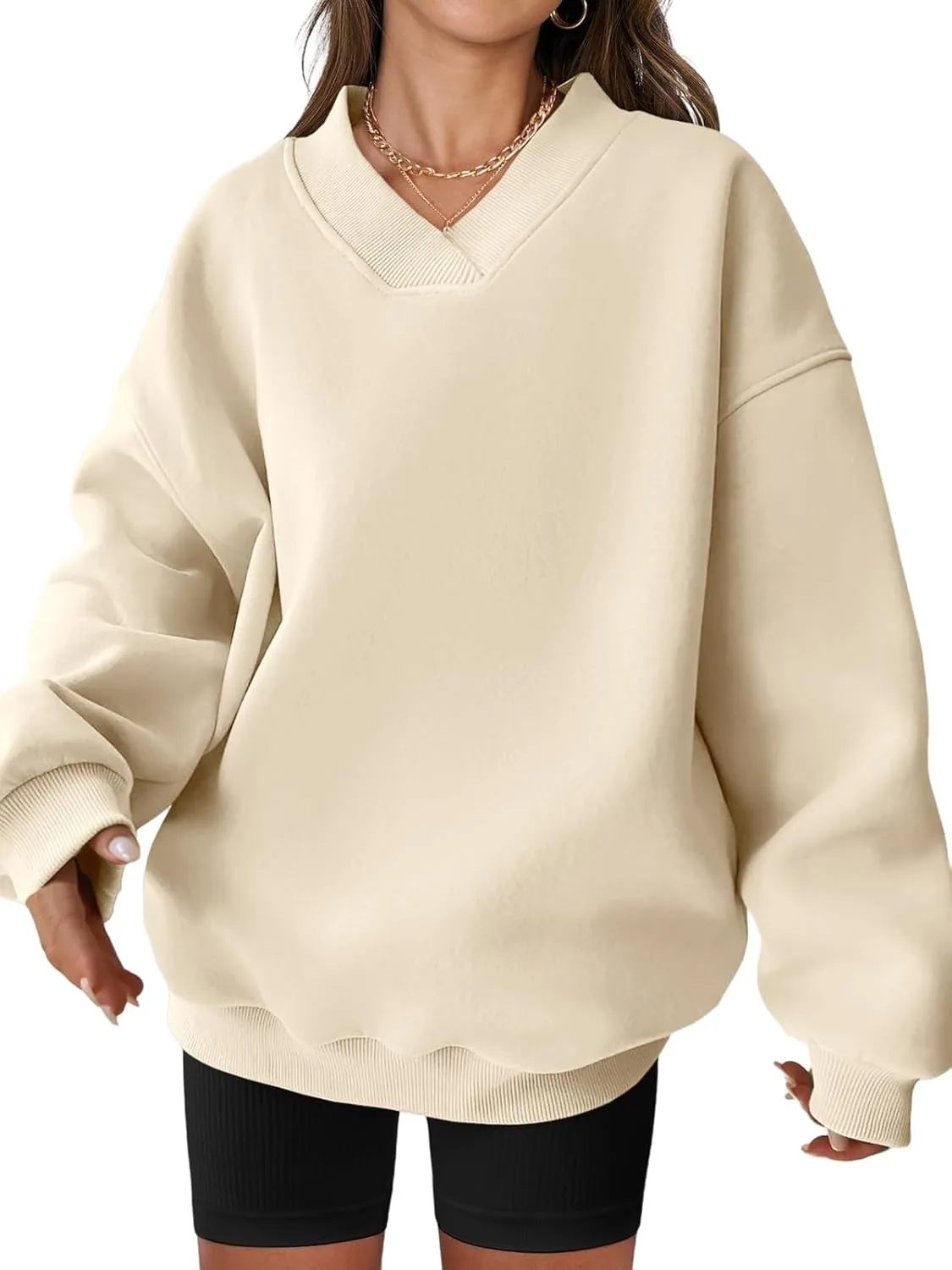 Womens Oversized Sweatshirt Hoodies Casual V Neck Long Sleeve Shirts Fleece Pullover Tops Fall Teens Preppy Clothes