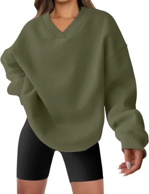 Womens Oversized Sweatshirt Hoodies Casual V Neck Long Sleeve Shirts Fleece Pullover Tops Fall Teens Preppy Clothes