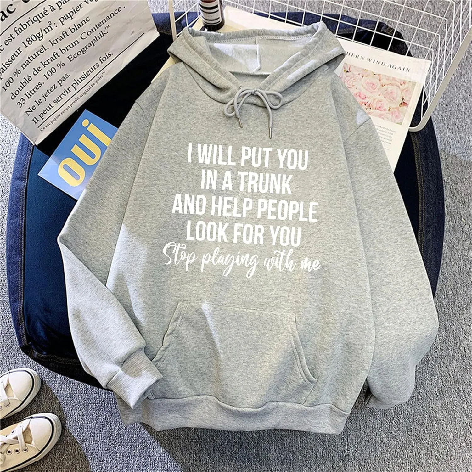 Womens Oversized Sweatshirts Word Graphic Baggy Comfort Drawstring Pullover Drop Shoulder Long Sleeved Trendy Hoodie