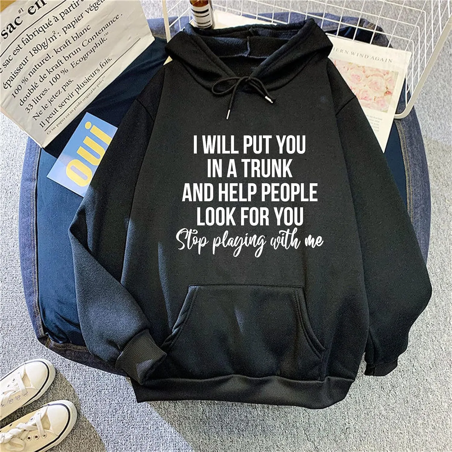 Womens Oversized Sweatshirts Word Graphic Baggy Comfort Drawstring Pullover Drop Shoulder Long Sleeved Trendy Hoodie