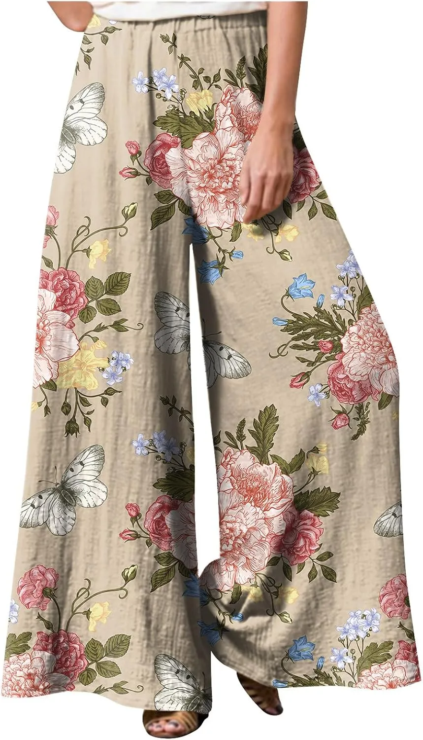 Women's Palazzo Pants Wide Leg High Waisted Lounge Casual Beach Boho Pants Elastic Drawstring Wide Leg Flowy Pants