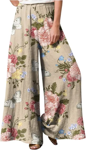 Women's Palazzo Pants Wide Leg High Waisted Lounge Casual Beach Boho Pants Elastic Drawstring Wide Leg Flowy Pants