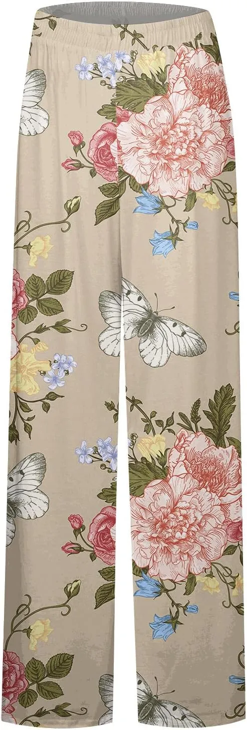 Women's Palazzo Pants Wide Leg High Waisted Lounge Casual Beach Boho Pants Elastic Drawstring Wide Leg Flowy Pants