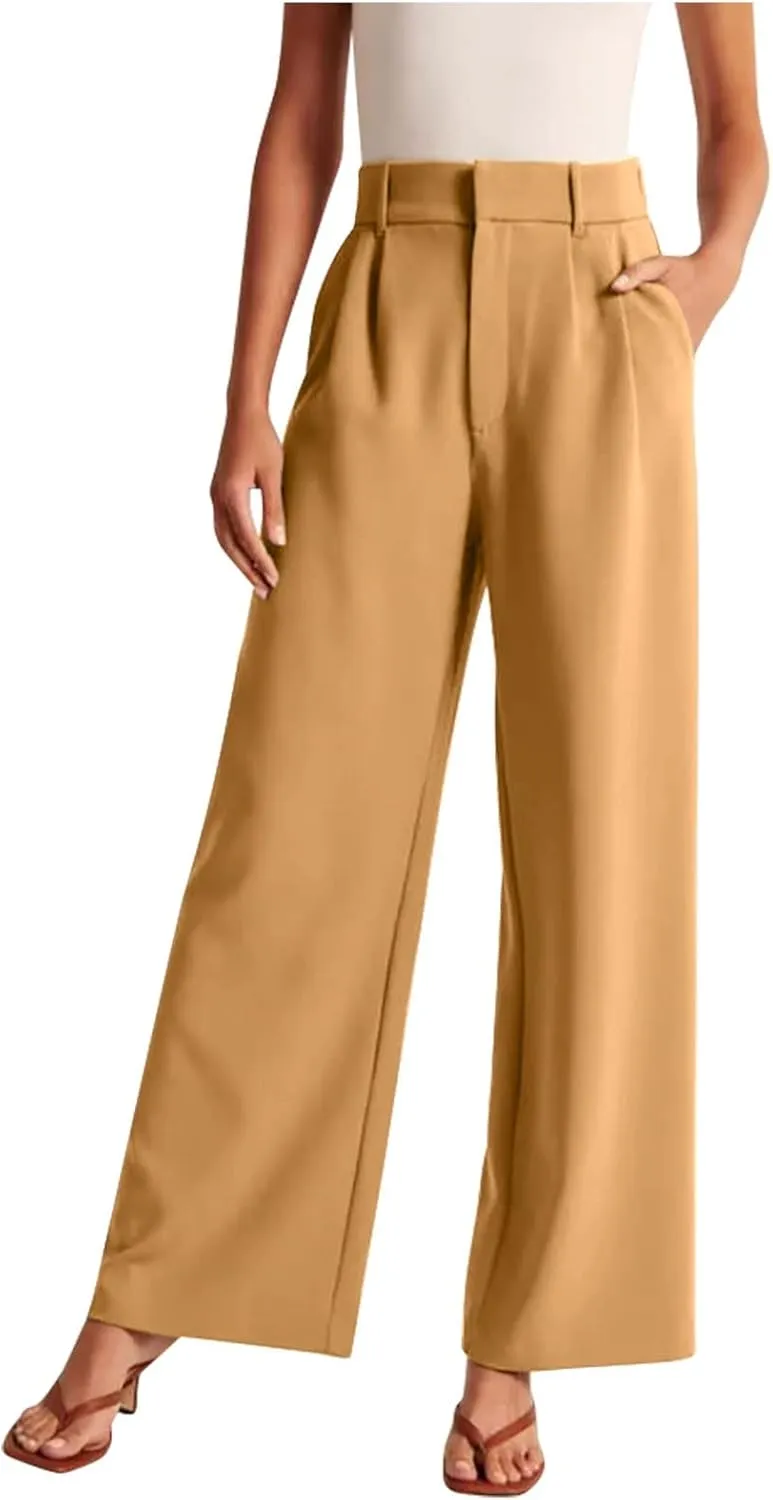 Women's Pants Casual High Waist Trousers Fashion Wide Leg Solid Flared Pants Stretchy Work Pants with Pockets