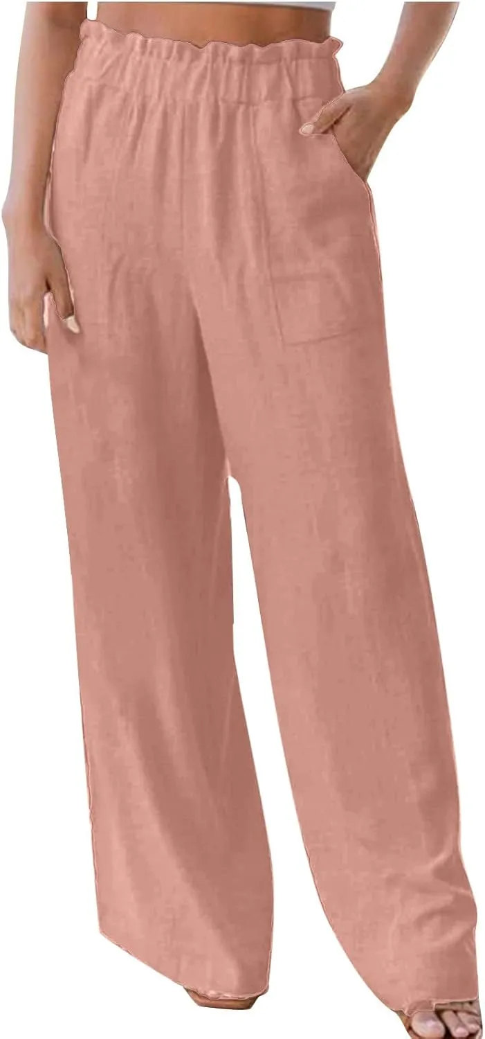 Womens Pants Elastic Waist Casual Summer High Waisted Linen Wide Leg Pant Loose Long Lounge Trousers with Pockets