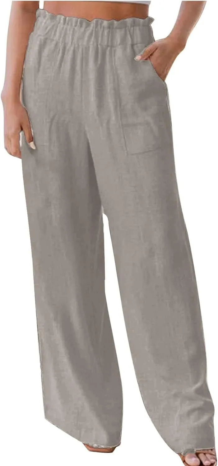 Womens Pants Elastic Waist Casual Summer High Waisted Linen Wide Leg Pant Loose Long Lounge Trousers with Pockets