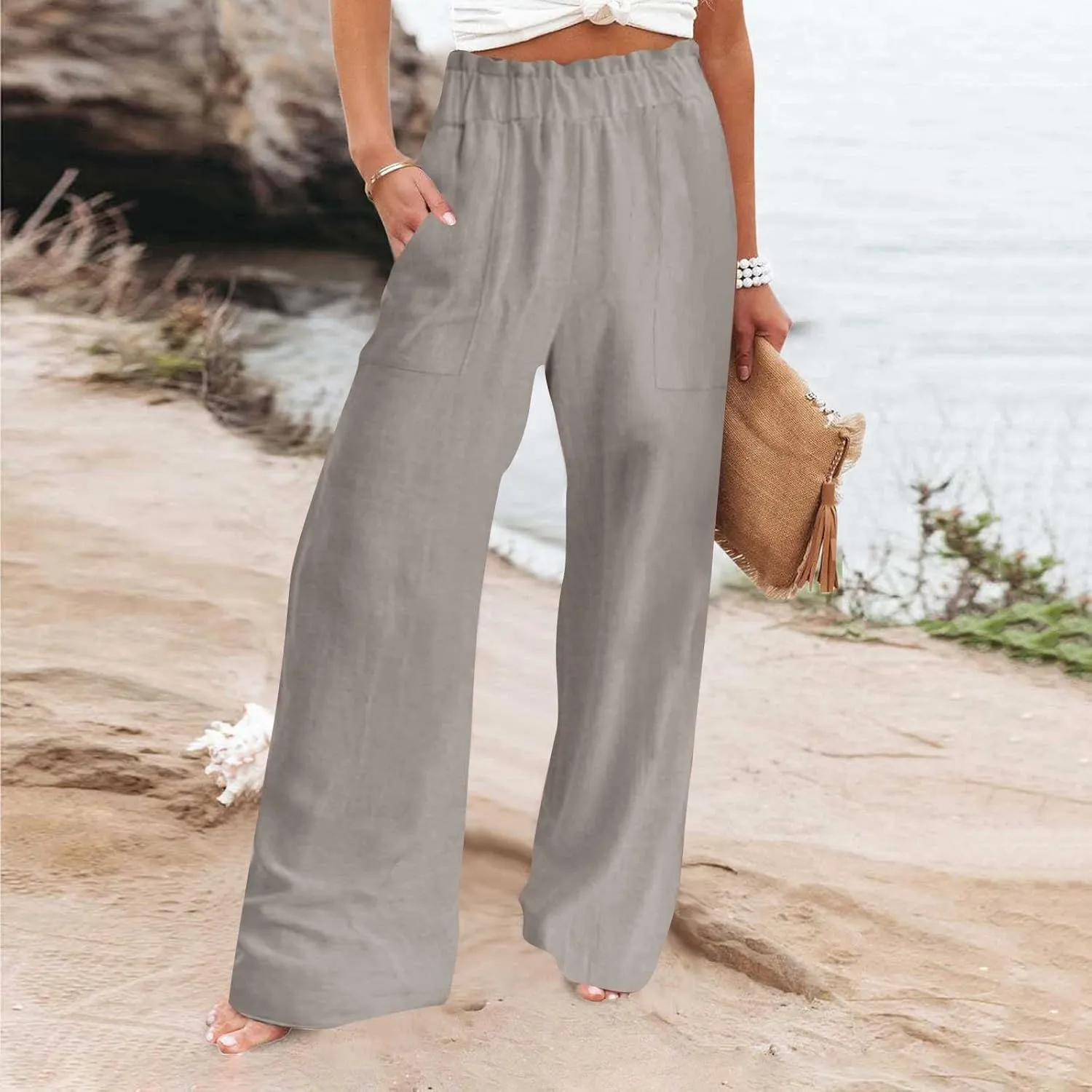 Womens Pants Elastic Waist Casual Summer High Waisted Linen Wide Leg Pant Loose Long Lounge Trousers with Pockets
