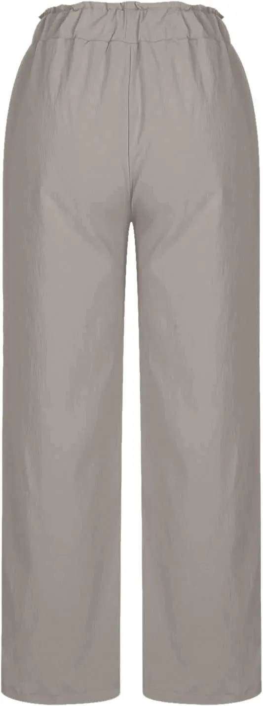 Womens Pants Elastic Waist Casual Summer High Waisted Linen Wide Leg Pant Loose Long Lounge Trousers with Pockets