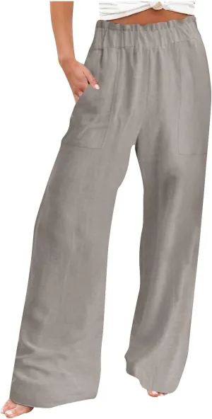 Womens Pants Elastic Waist Casual Summer High Waisted Linen Wide Leg Pant Loose Long Lounge Trousers with Pockets