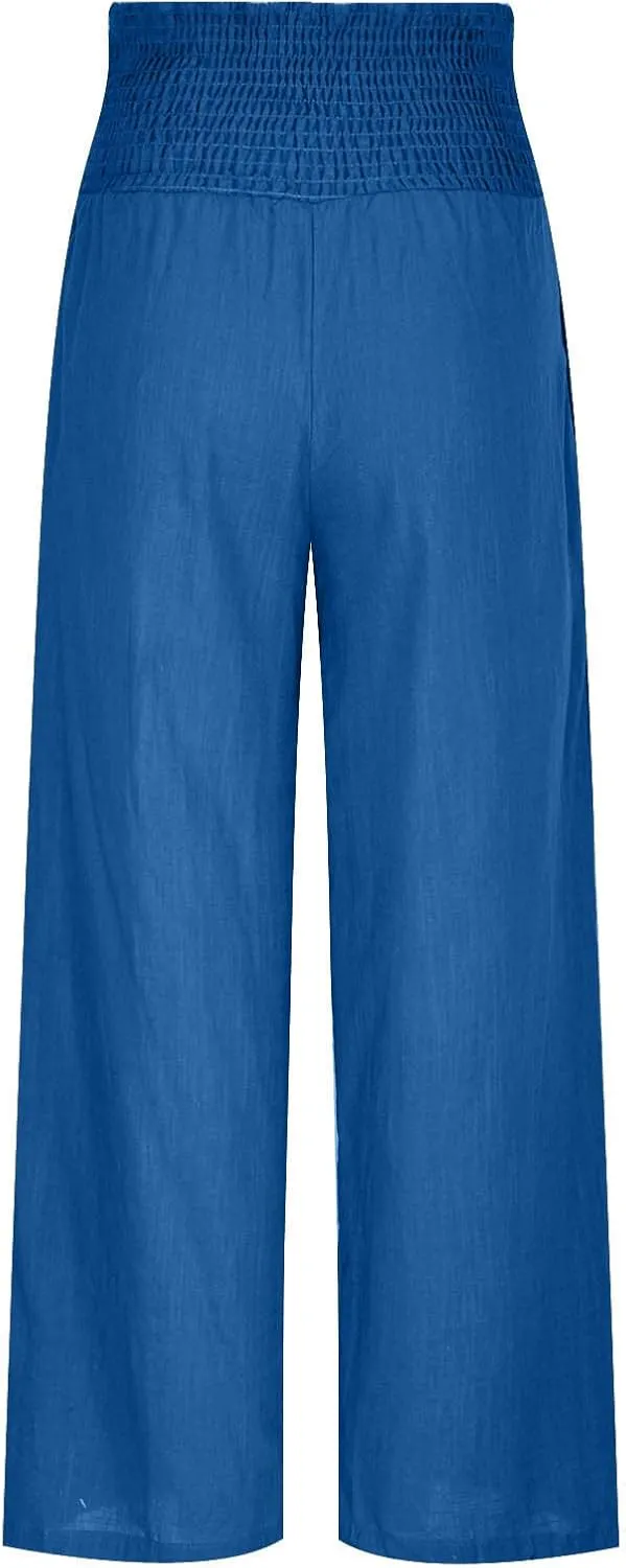 Womens Pants Elastic Waist Casual Summer High Waisted Linen Wide Leg Pant Loose Long Lounge Trousers with Pockets