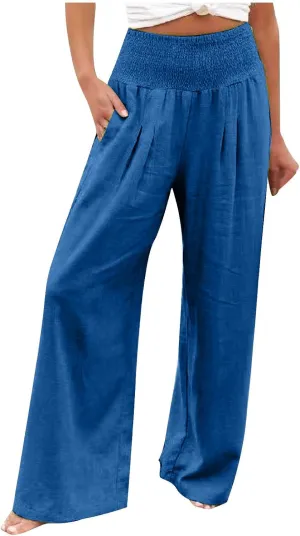 Womens Pants Elastic Waist Casual Summer High Waisted Linen Wide Leg Pant Loose Long Lounge Trousers with Pockets