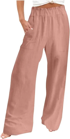 Womens Pants Elastic Waist Casual Summer High Waisted Linen Wide Leg Pant Loose Long Lounge Trousers with Pockets