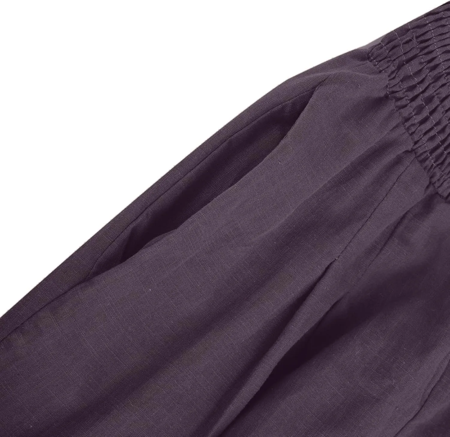 Womens Pants Elastic Waist Casual Summer High Waisted Linen Wide Leg Pant Loose Long Lounge Trousers with Pockets