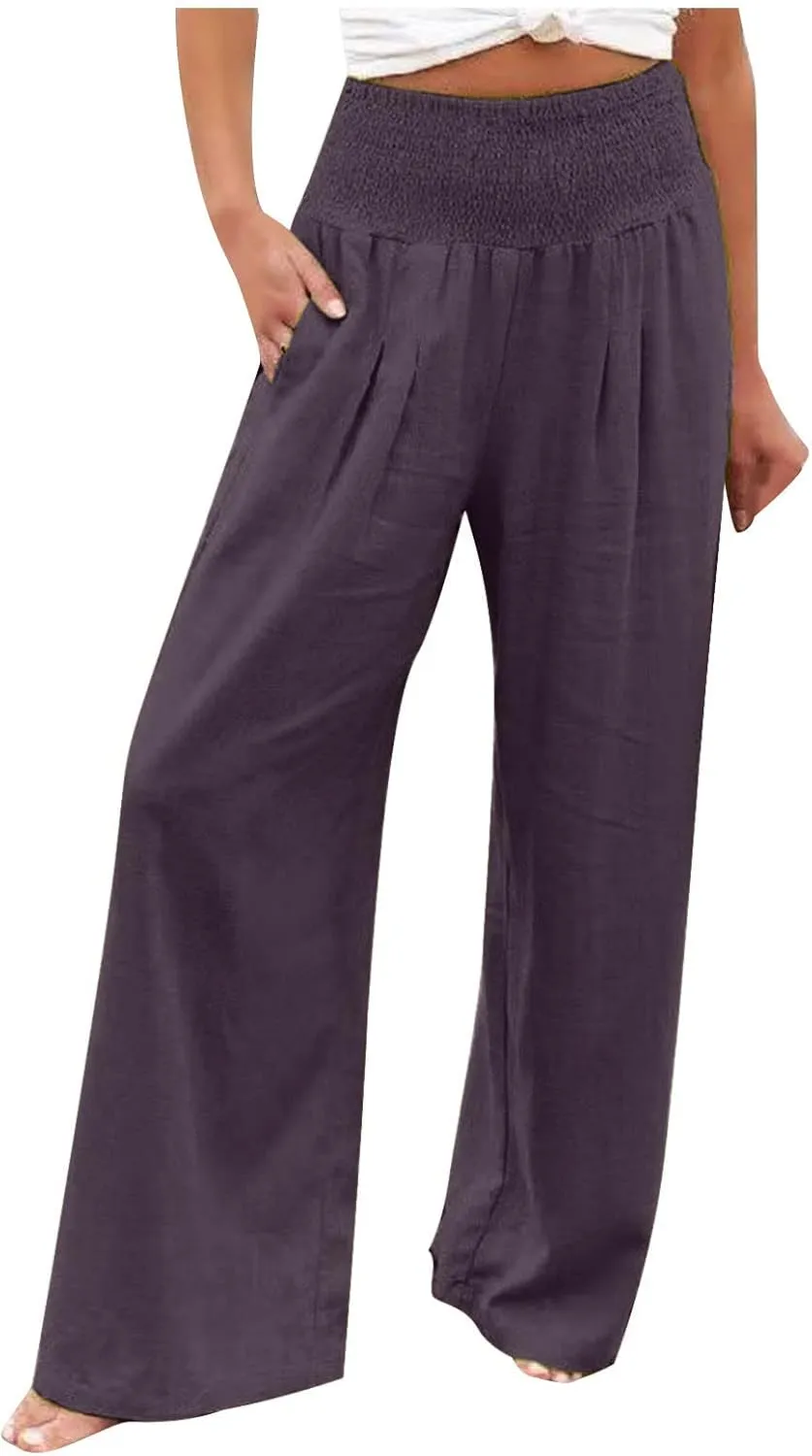 Womens Pants Elastic Waist Casual Summer High Waisted Linen Wide Leg Pant Loose Long Lounge Trousers with Pockets