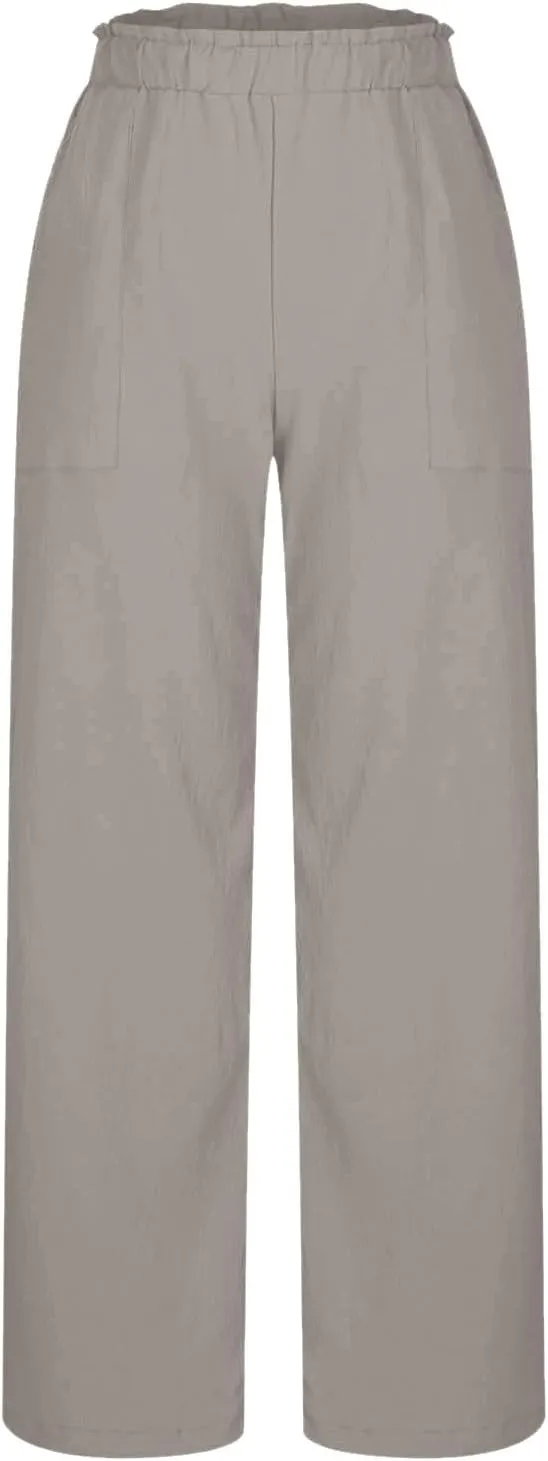 Womens Pants Elastic Waist Casual Summer High Waisted Linen Wide Leg Pant Loose Long Lounge Trousers with Pockets