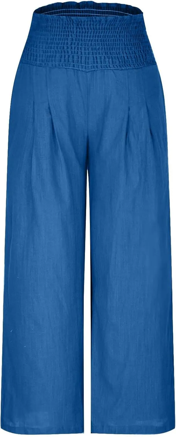 Womens Pants Elastic Waist Casual Summer High Waisted Linen Wide Leg Pant Loose Long Lounge Trousers with Pockets