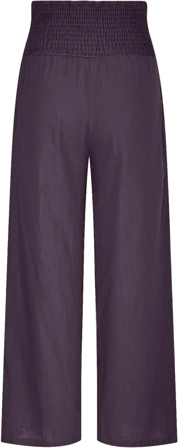 Womens Pants Elastic Waist Casual Summer High Waisted Linen Wide Leg Pant Loose Long Lounge Trousers with Pockets