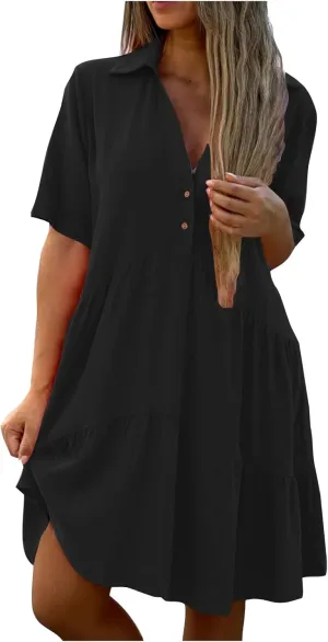 Women's Pleated Flowy T Shirt Dresses Plus Size V Neck Button Up Short Sleeve Midi Dress Loose Fit Tiered Sundress