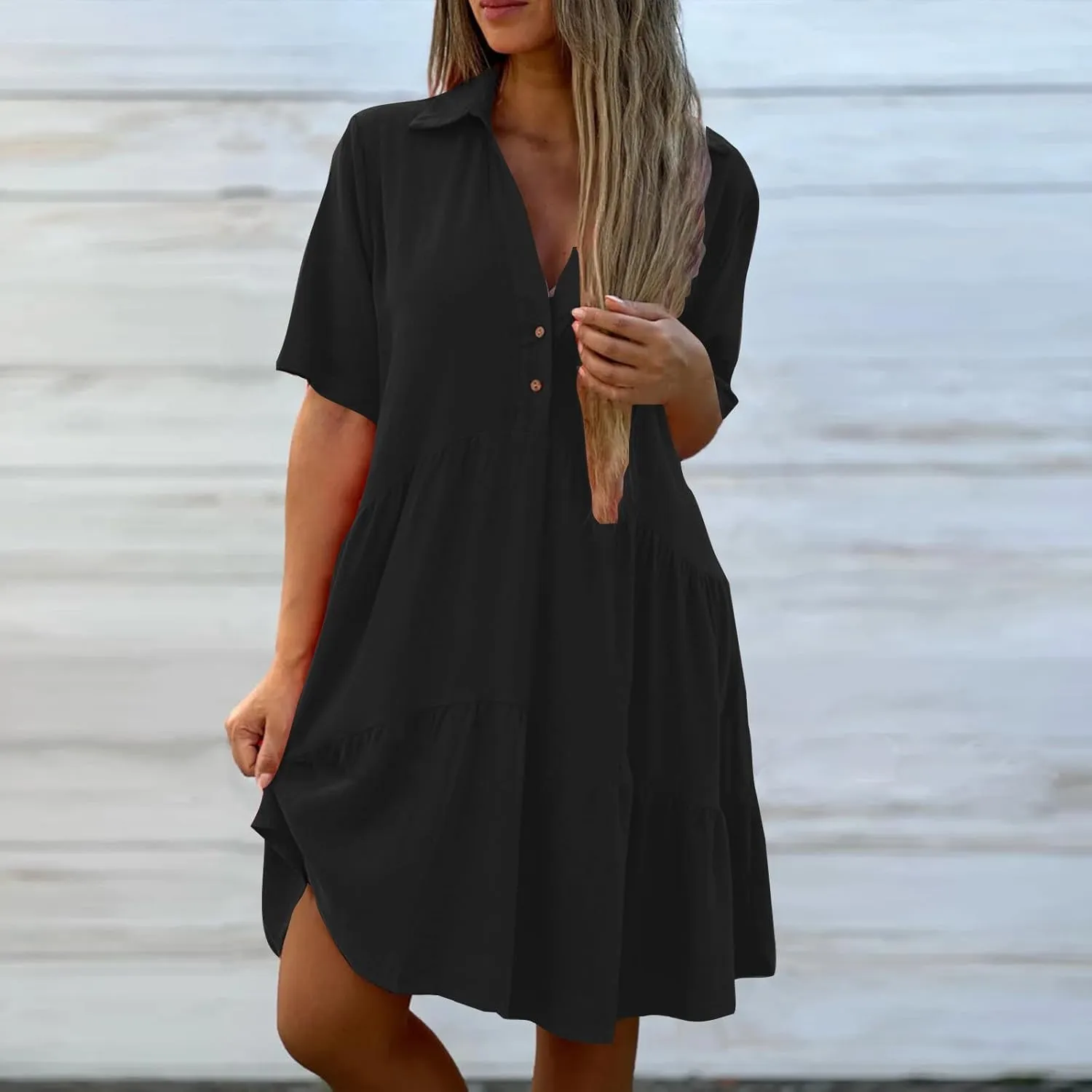 Women's Pleated Flowy T Shirt Dresses Plus Size V Neck Button Up Short Sleeve Midi Dress Loose Fit Tiered Sundress