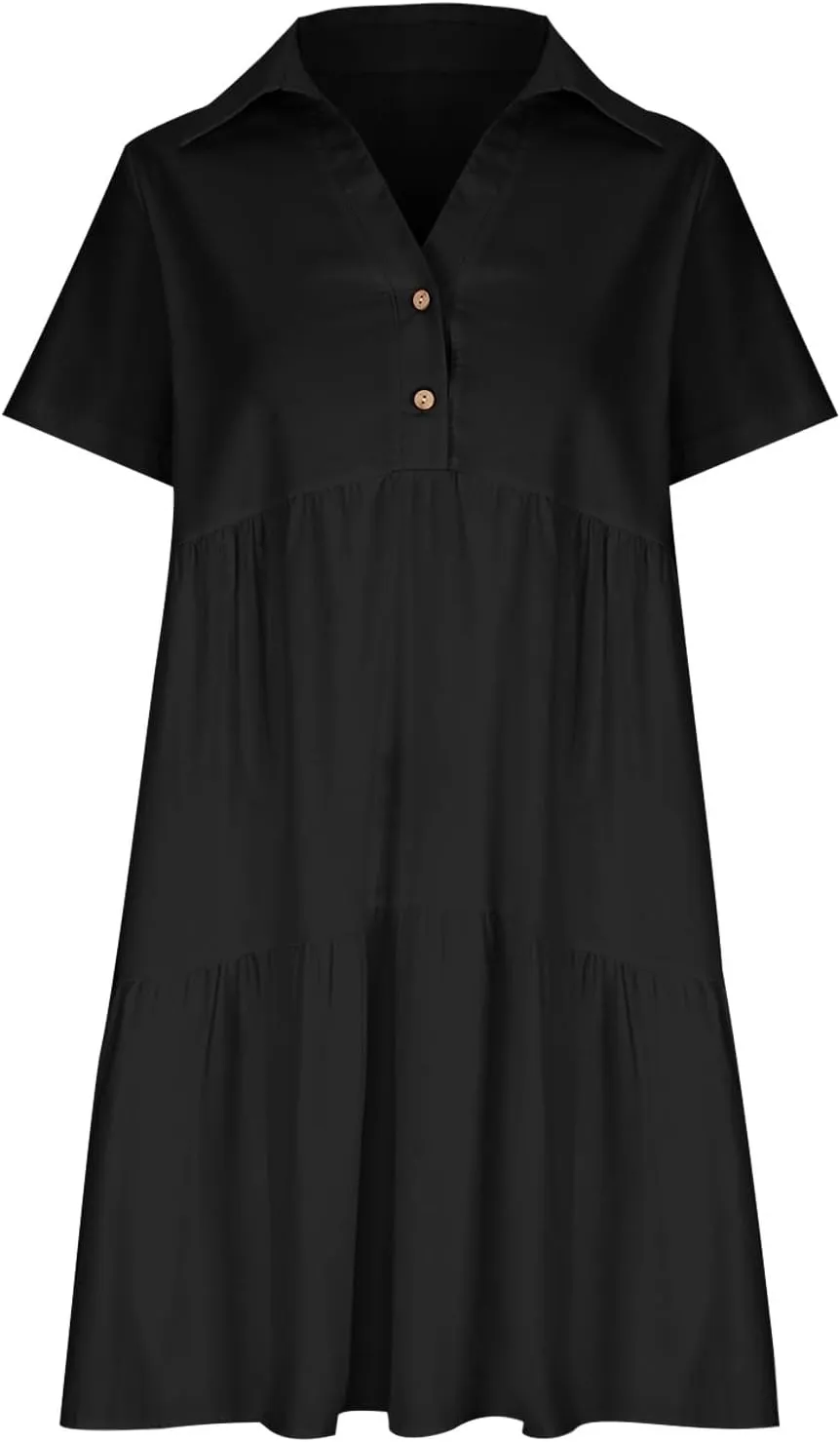 Women's Pleated Flowy T Shirt Dresses Plus Size V Neck Button Up Short Sleeve Midi Dress Loose Fit Tiered Sundress