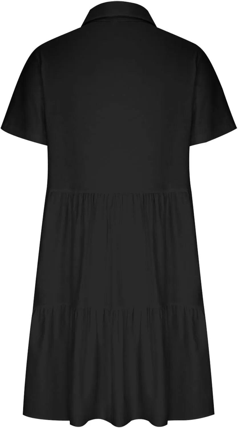 Women's Pleated Flowy T Shirt Dresses Plus Size V Neck Button Up Short Sleeve Midi Dress Loose Fit Tiered Sundress