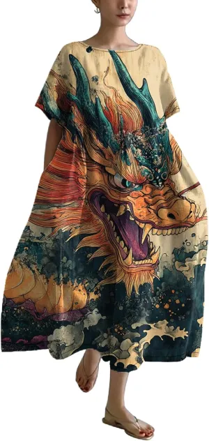 Women's Plus Size Boho Dress Japanese Art Summer Linen Maxi Dresses Dragon Casual Loose Flowy High Waist Midi Dress