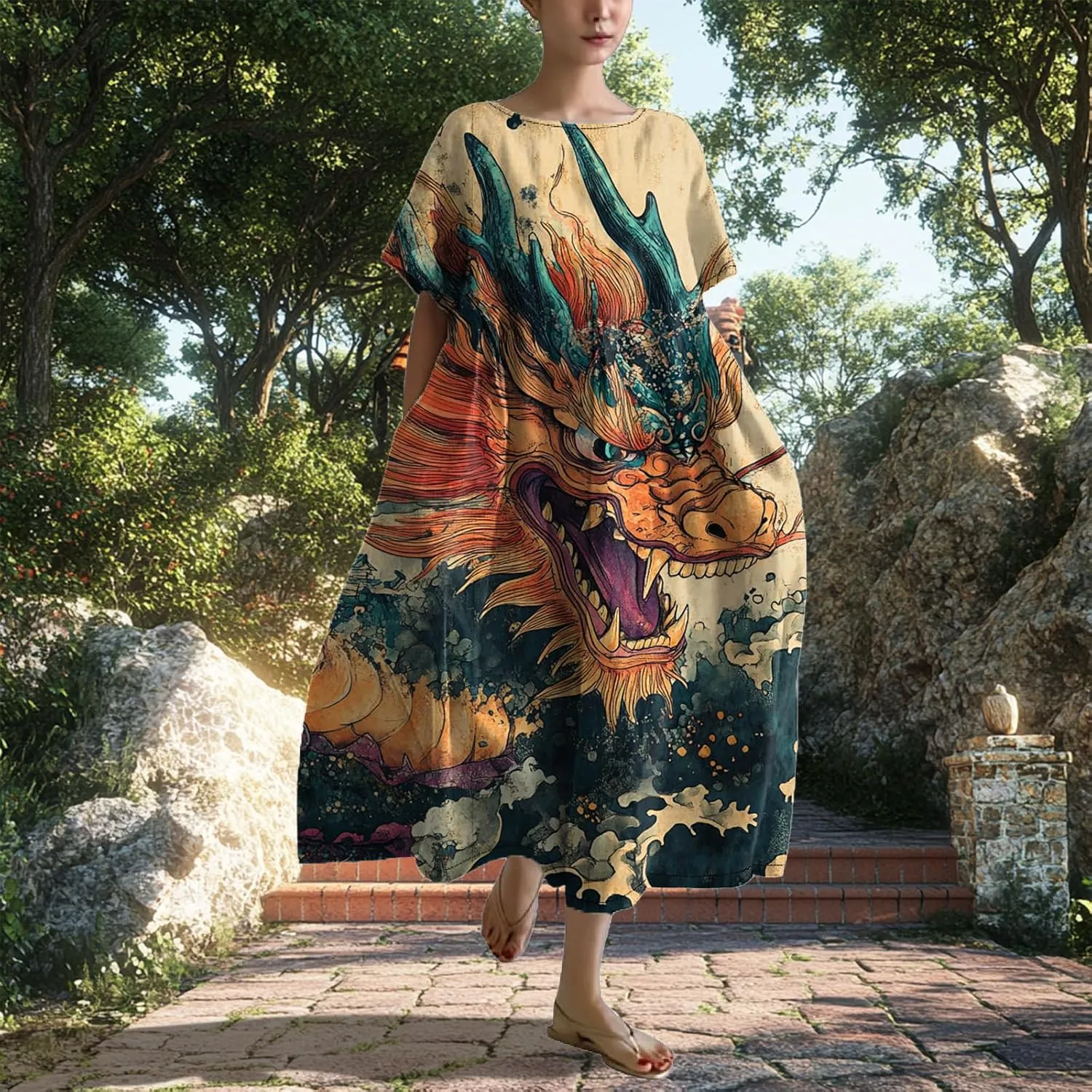 Women's Plus Size Boho Dress Japanese Art Summer Linen Maxi Dresses Dragon Casual Loose Flowy High Waist Midi Dress
