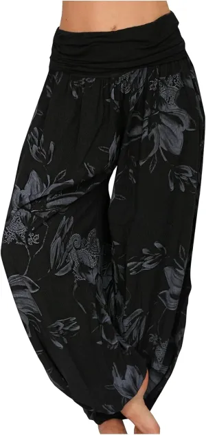 Womens Plus Size High Elastic Waist Harem Pants Casual Loose Baggy Pants with Pockets Bohemian Beach Yoga Trousers