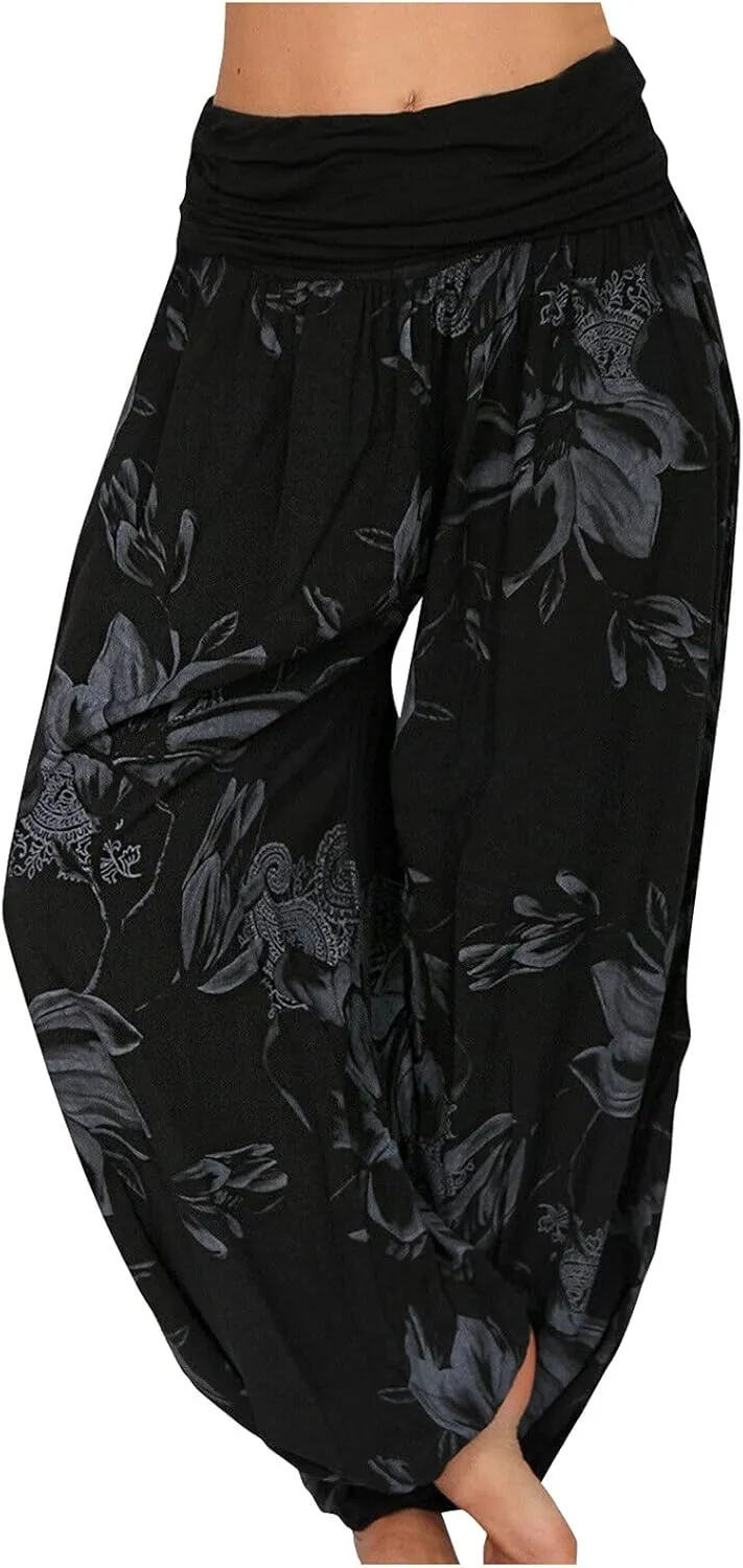 Womens Plus Size High Elastic Waist Harem Pants Casual Loose Baggy Pants with Pockets Bohemian Beach Yoga Trousers