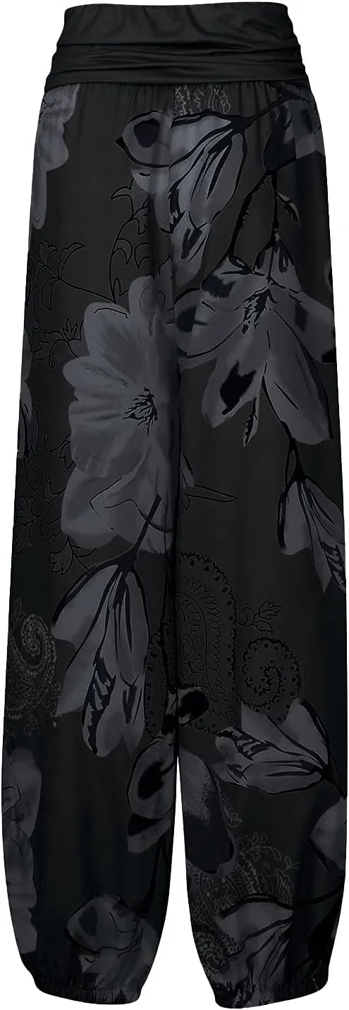 Womens Plus Size High Elastic Waist Harem Pants Casual Loose Baggy Pants with Pockets Bohemian Beach Yoga Trousers