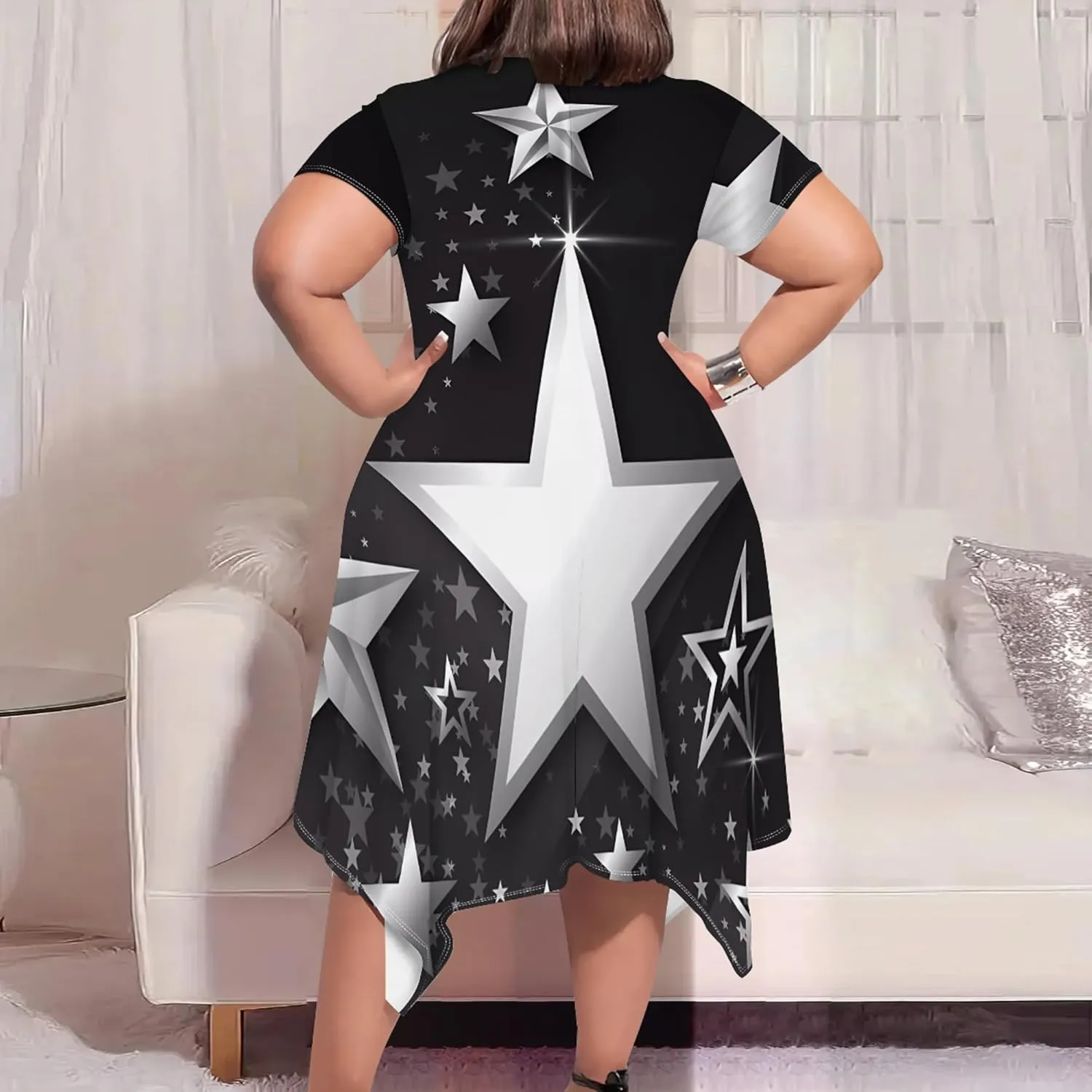 Womens Plus Size Irregular Hem Summer Dress Casual Fit Short Sleeve Empire Waist Loose T-Shirt A Line Midi Dress with Pockets