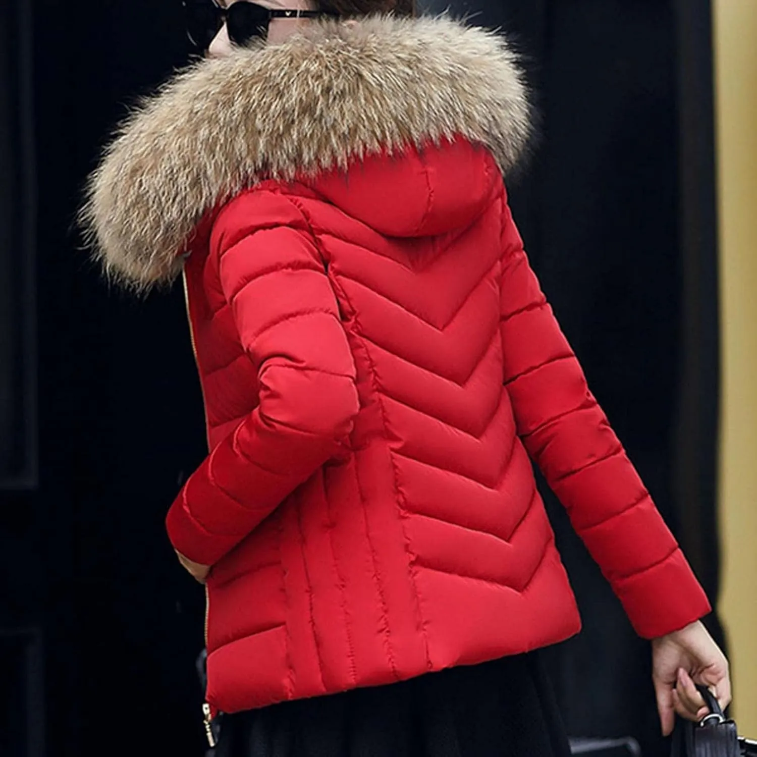 Women's Quilted Short Puffer Down Jackets Faux Fur Collar Slim Fit Full Zip Cotton Padded Coats Hooded Warm Coat