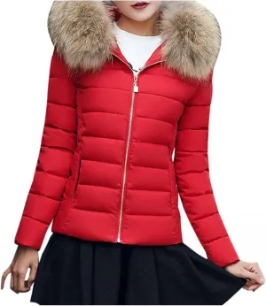 Women's Quilted Short Puffer Down Jackets Faux Fur Collar Slim Fit Full Zip Cotton Padded Coats Hooded Warm Coat
