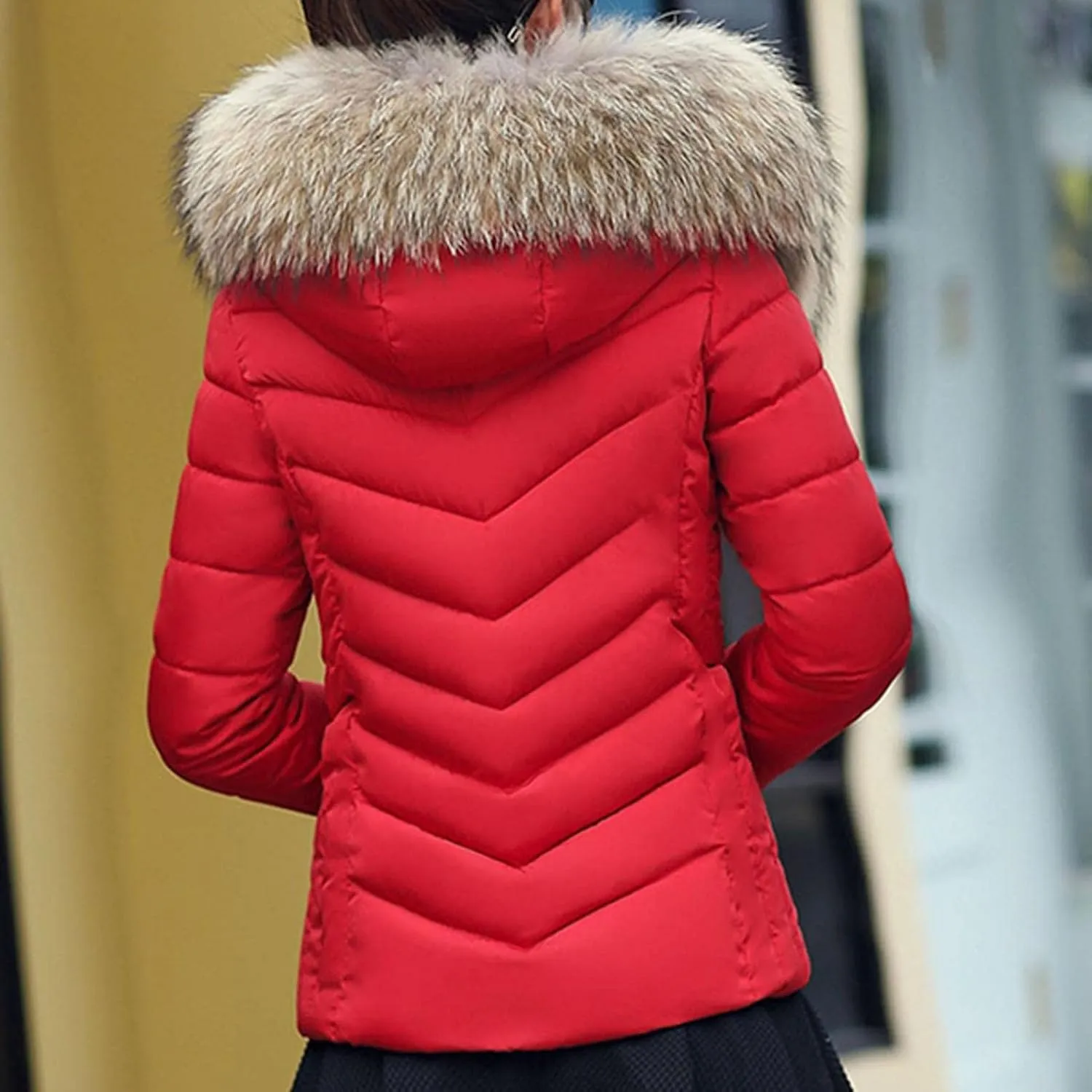 Women's Quilted Short Puffer Down Jackets Faux Fur Collar Slim Fit Full Zip Cotton Padded Coats Hooded Warm Coat