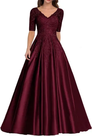 Women's Satin Mother of Bride Dress Lace Appliques Prom Dresses Formal Evening Dress Floor Length Ball Gown A Line YE17