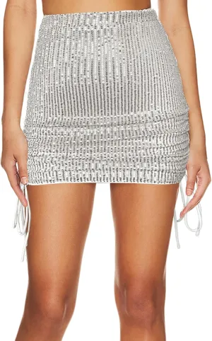 Women's Sequin Skirt Sparkly Glitter Drawstring Pencil Bodycon Mini Skirts Night Out Party Club Wear
