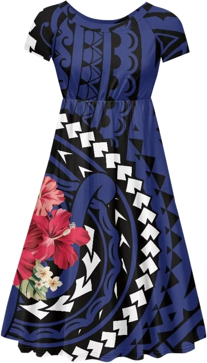 Women's Short Sleeve Polynesian Tribal Print Puletasi Samoa Ptaha Swing Dress Casual Loose T-Shirt Dress
