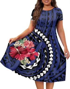 Women's Short Sleeve Polynesian Tribal Print Puletasi Samoa Ptaha Swing Dress Casual Loose T-Shirt Dress