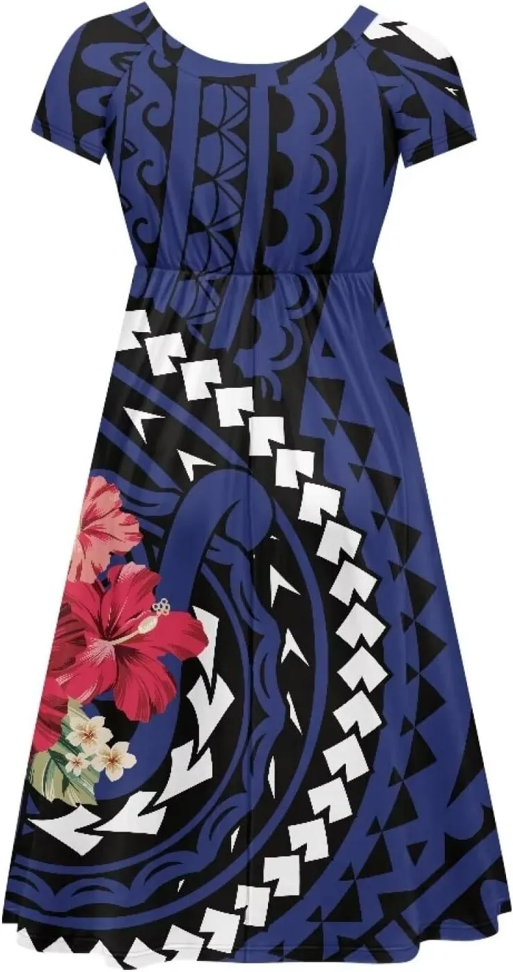 Women's Short Sleeve Polynesian Tribal Print Puletasi Samoa Ptaha Swing Dress Casual Loose T-Shirt Dress