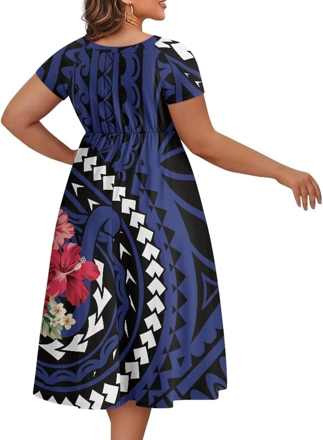 Women's Short Sleeve Polynesian Tribal Print Puletasi Samoa Ptaha Swing Dress Casual Loose T-Shirt Dress