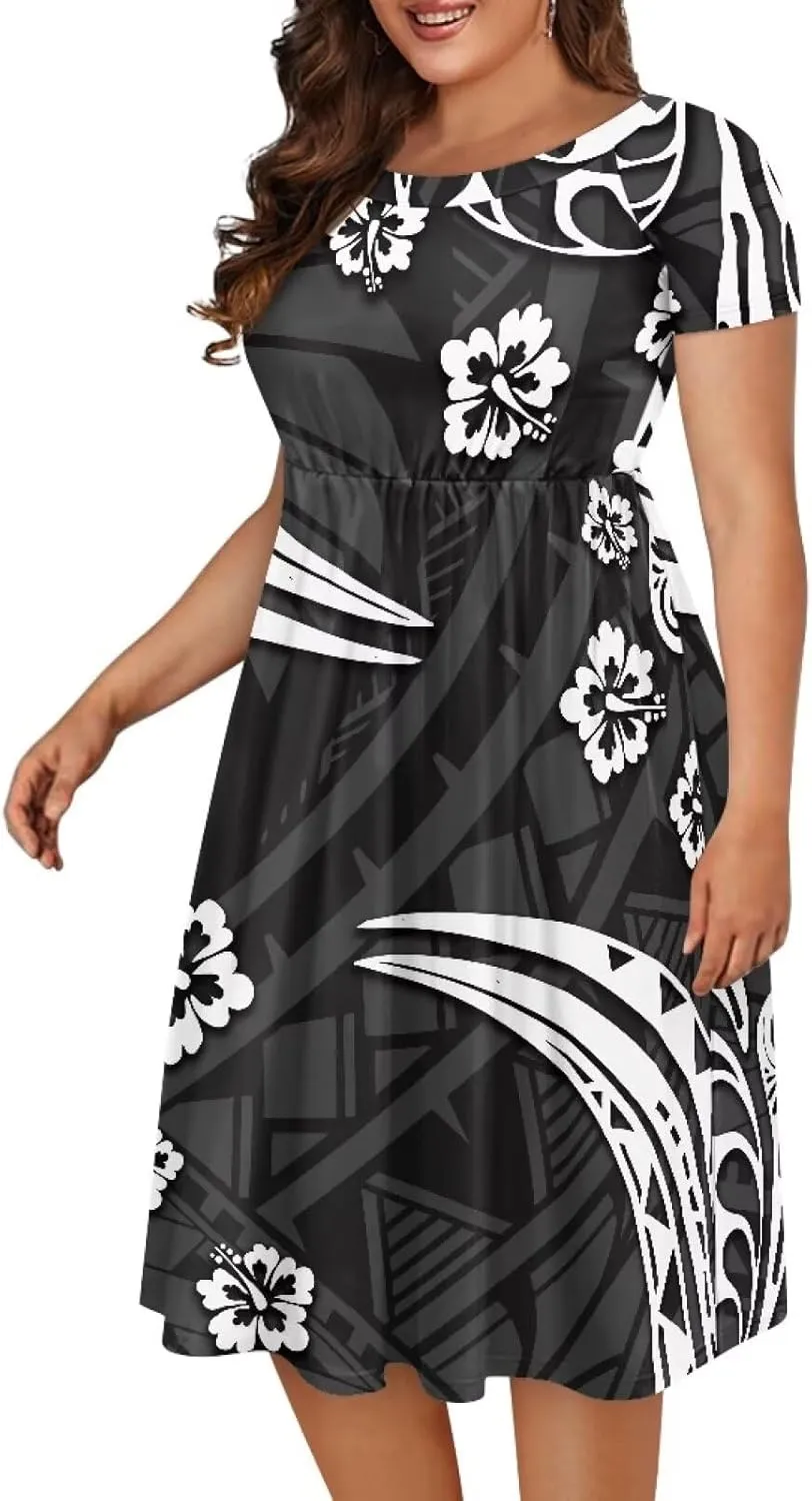 Women's Short Sleeve Polynesian Tribal Print Puletasi Samoa Ptaha Swing Dress Casual Loose T-Shirt Dress